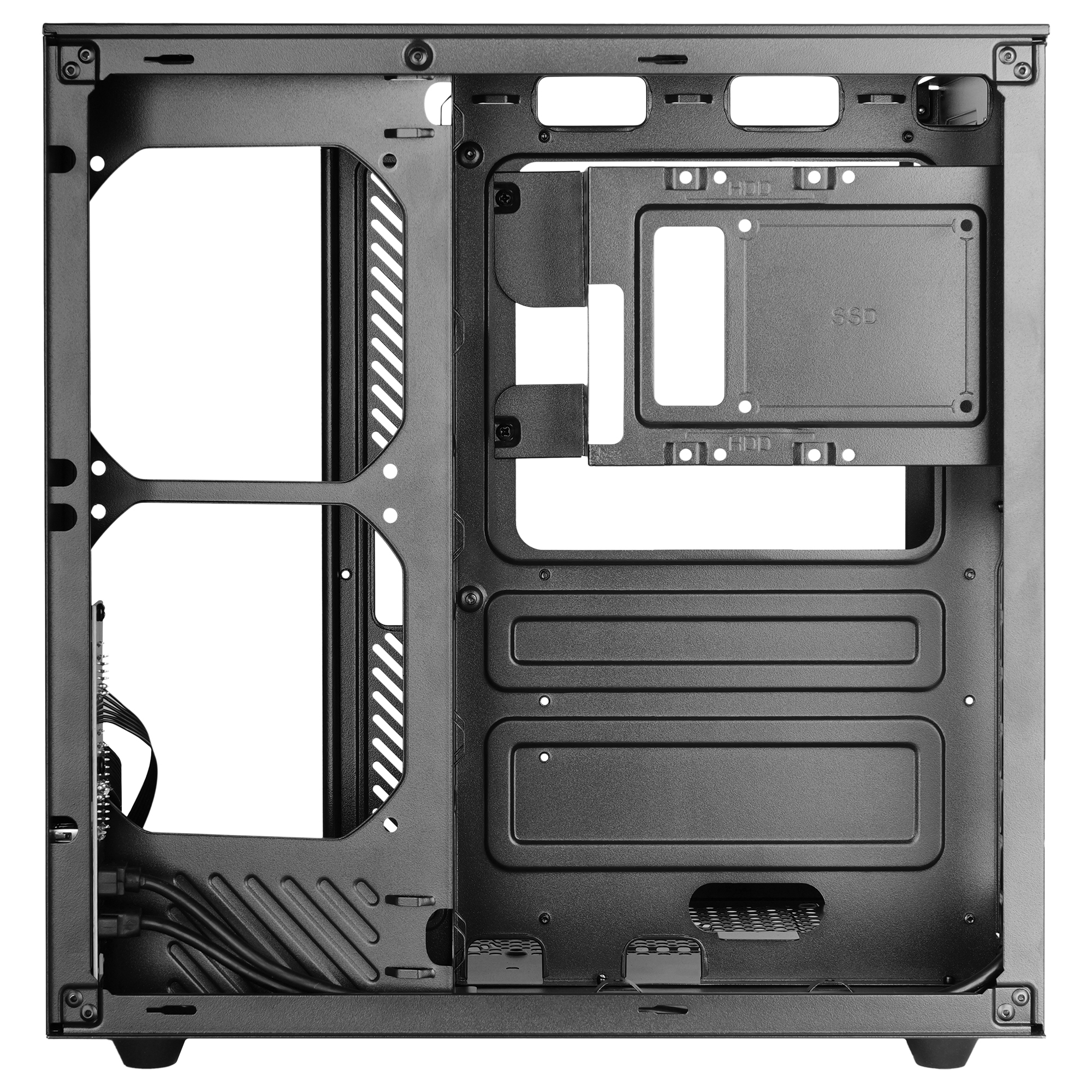 Vista interior de una caja de ordenador negra. Tiene múltiples compartimentos y puntos de montaje para componentes.