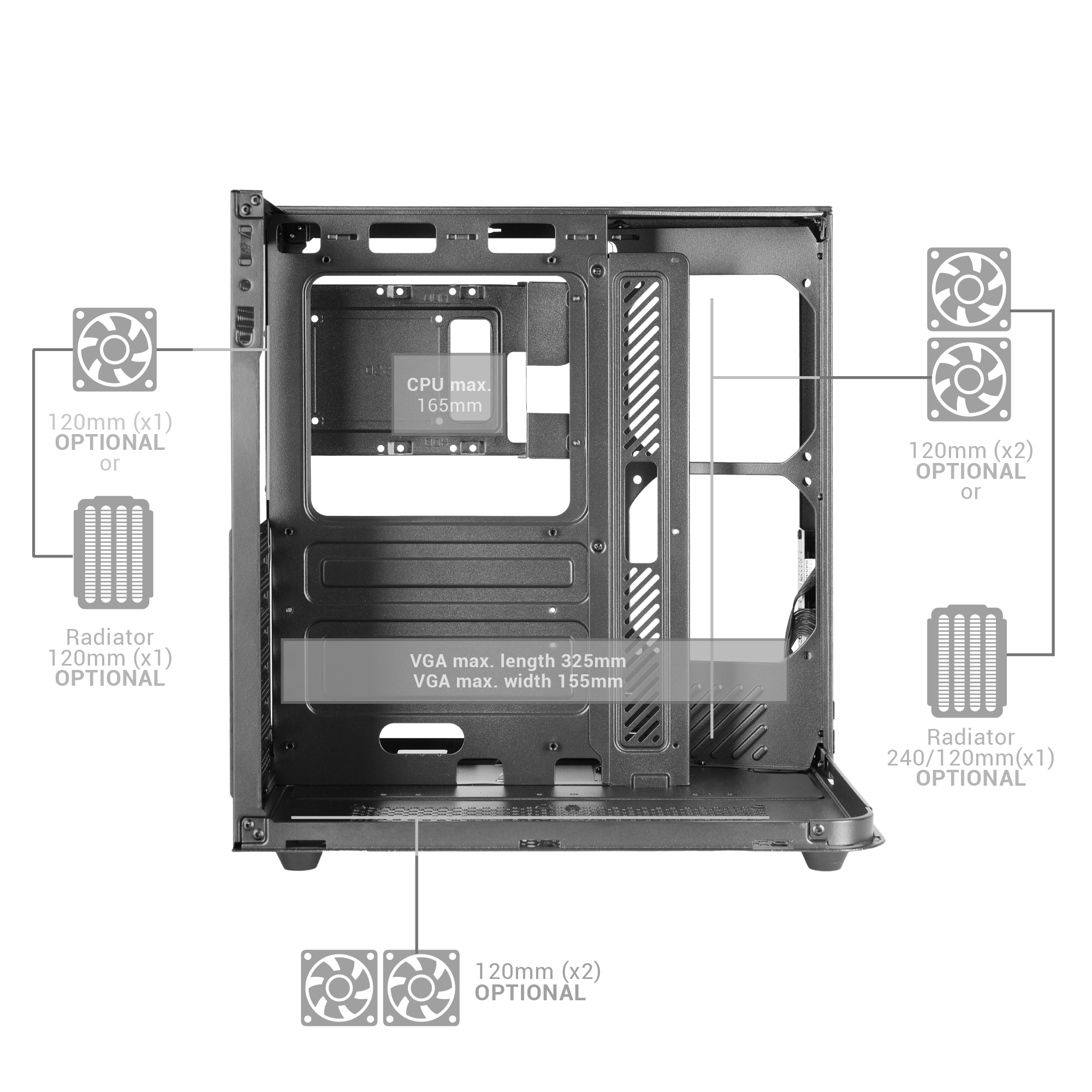 Diagrama de una carcasa de ordenador con dimensiones y ubicaciones opcionales de ventilador/radiador. Incluye límites de tamaño de CPU y VGA.