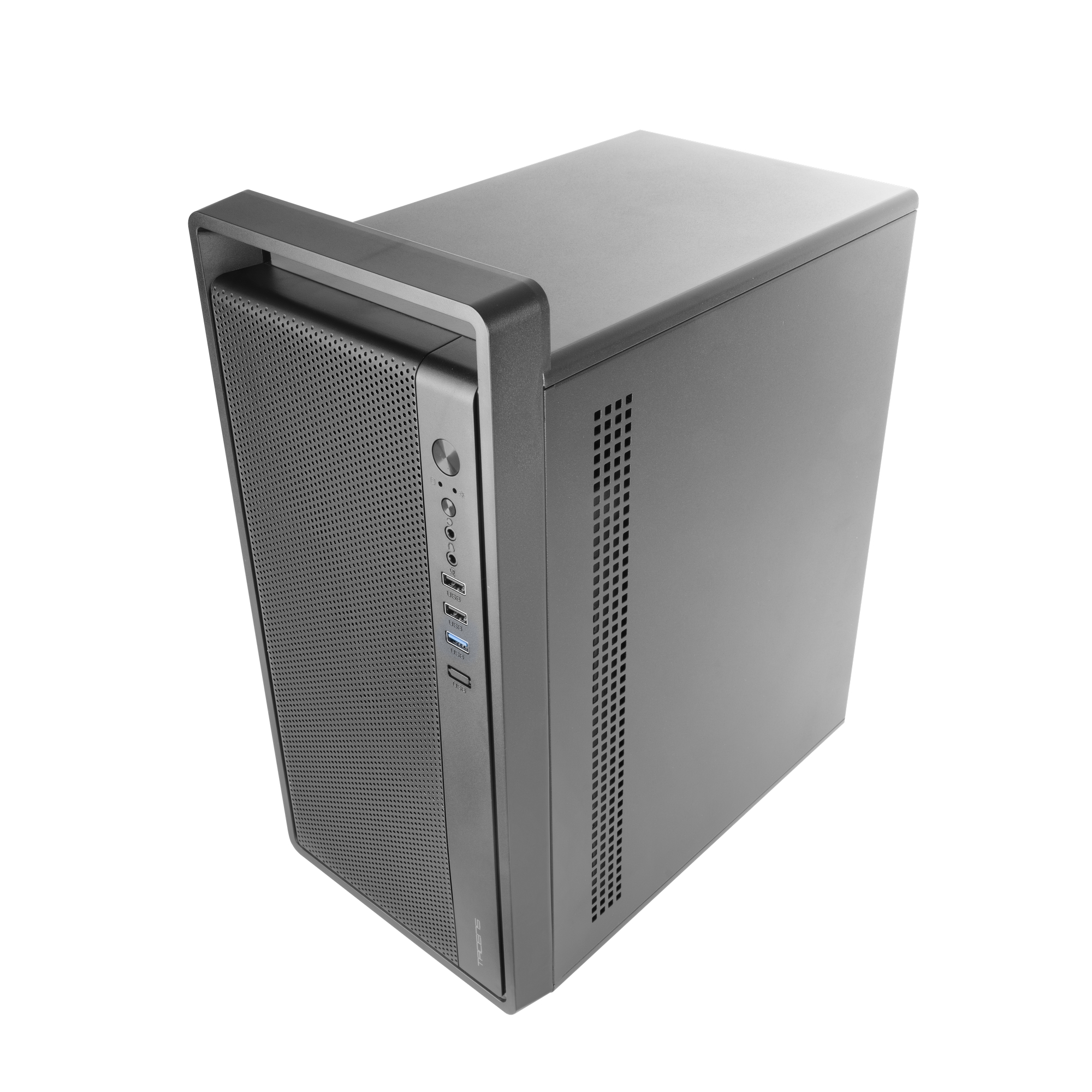 Una carcasa de computadora gris con asa en la parte superior. Tiene un panel frontal perforado y varios puertos USB.