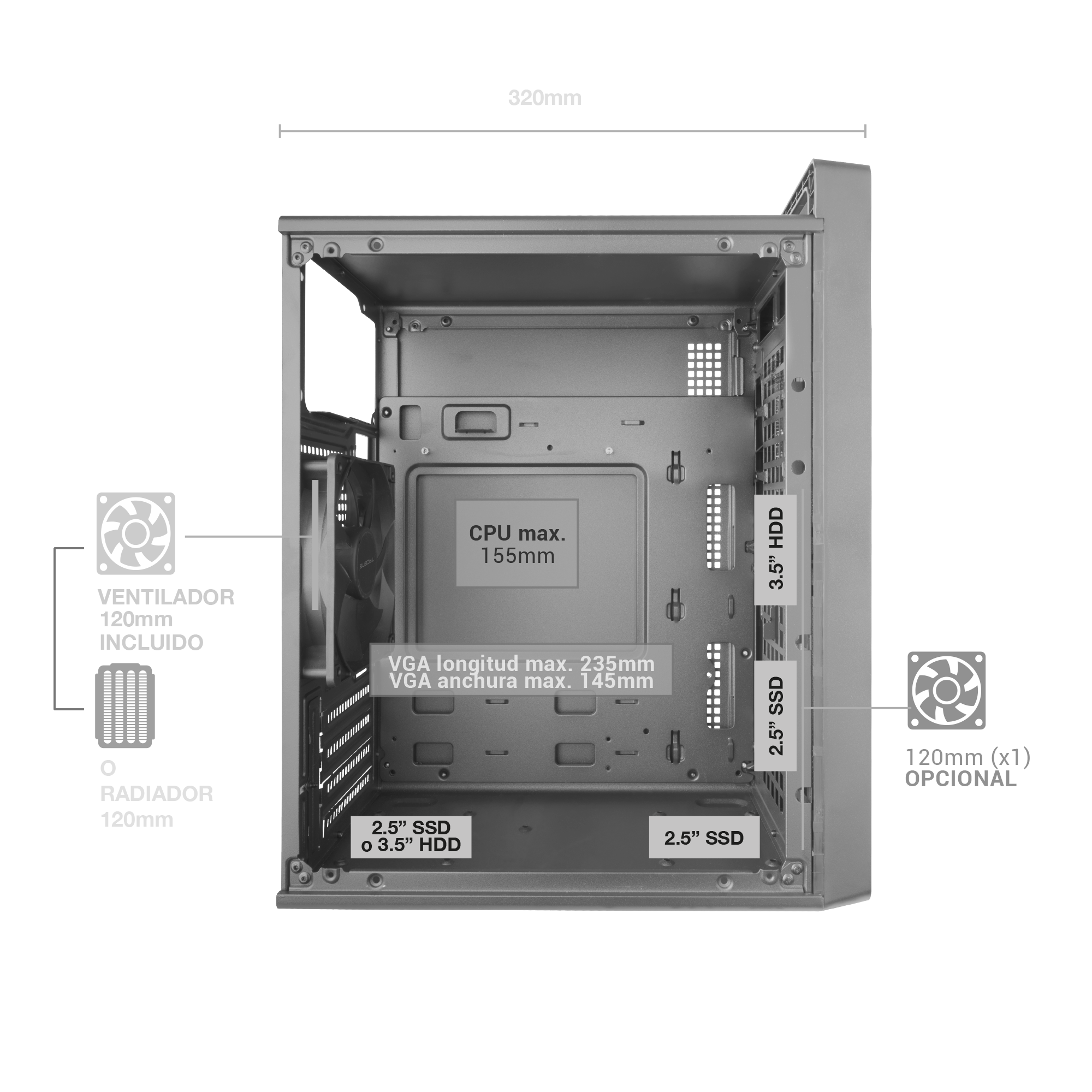 Se muestra el interior de una caja de computadora, con etiquetas que indican ubicaciones de componentes, dimensiones y colocación de ventiladores. Color gris.