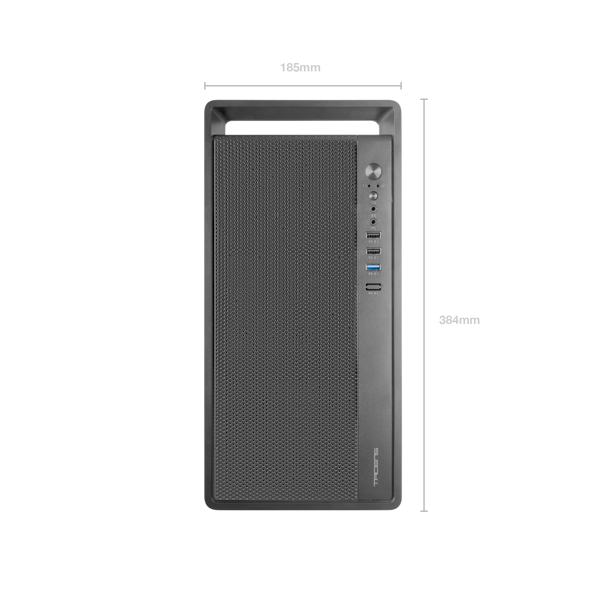 Una caja de ordenador gris con dimensiones. Tiene un asa, una parte frontal perforada y puertos USB en el lateral.