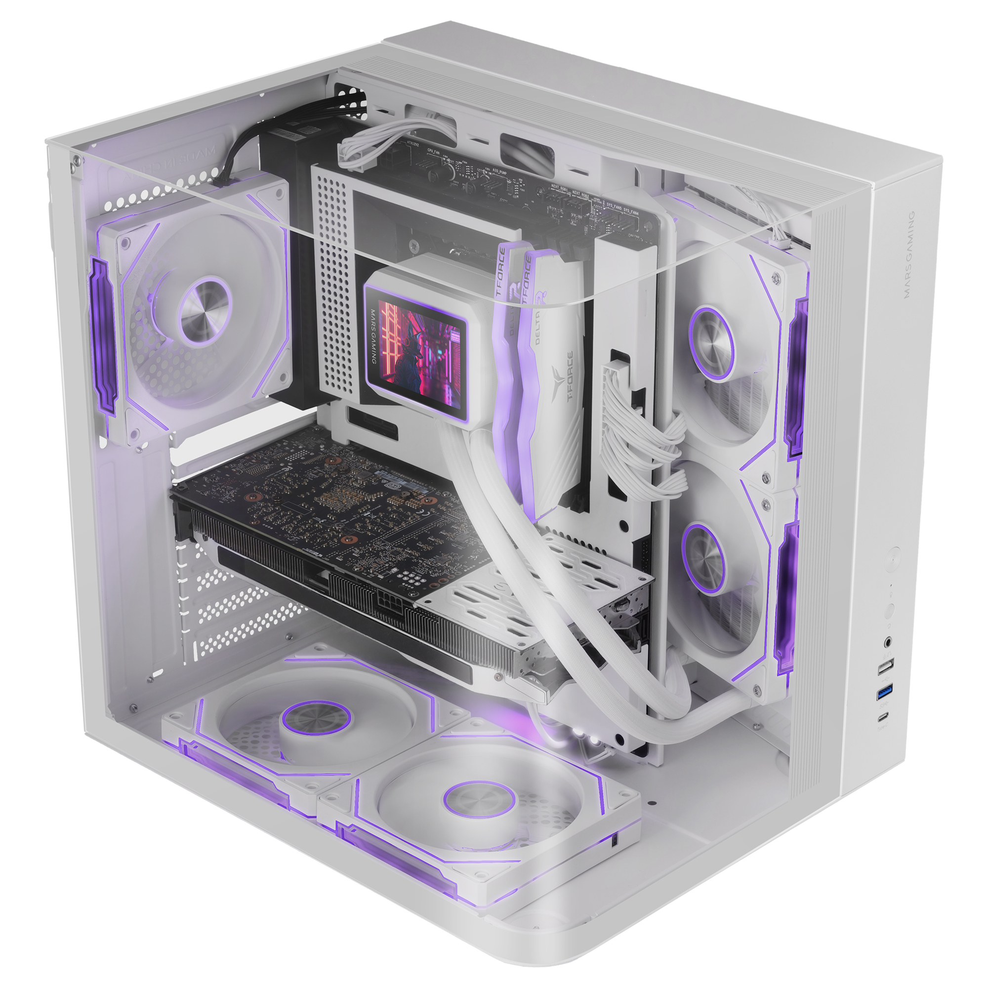 Carcasa de ordenador blanca con ventiladores y componentes. Acentos LED morados. Contiene tarjeta gráfica, CPU cooler y RAM.