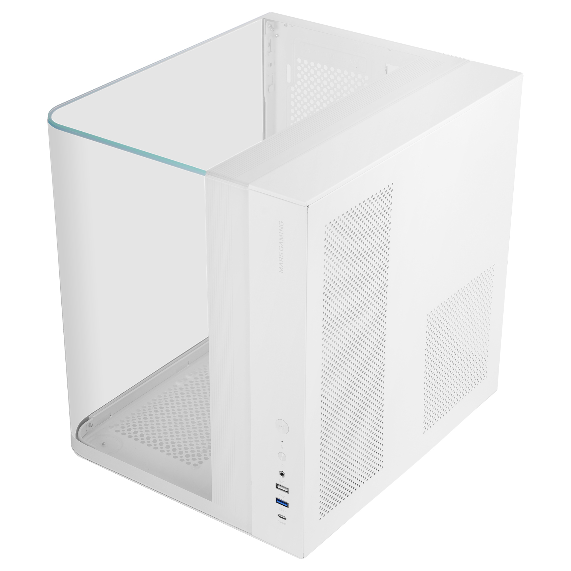 Carcasa de ordenador blanca con un panel lateral transparente. Tiene perforaciones y las palabras 'MARS GAMING'.