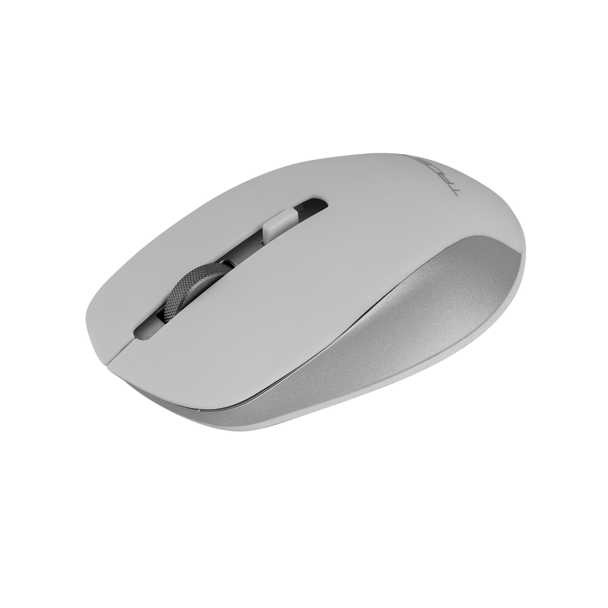 Un mouse per computer wireless grigio chiaro su sfondo bianco. Ha una rotellina di scorrimento e una base argentata.