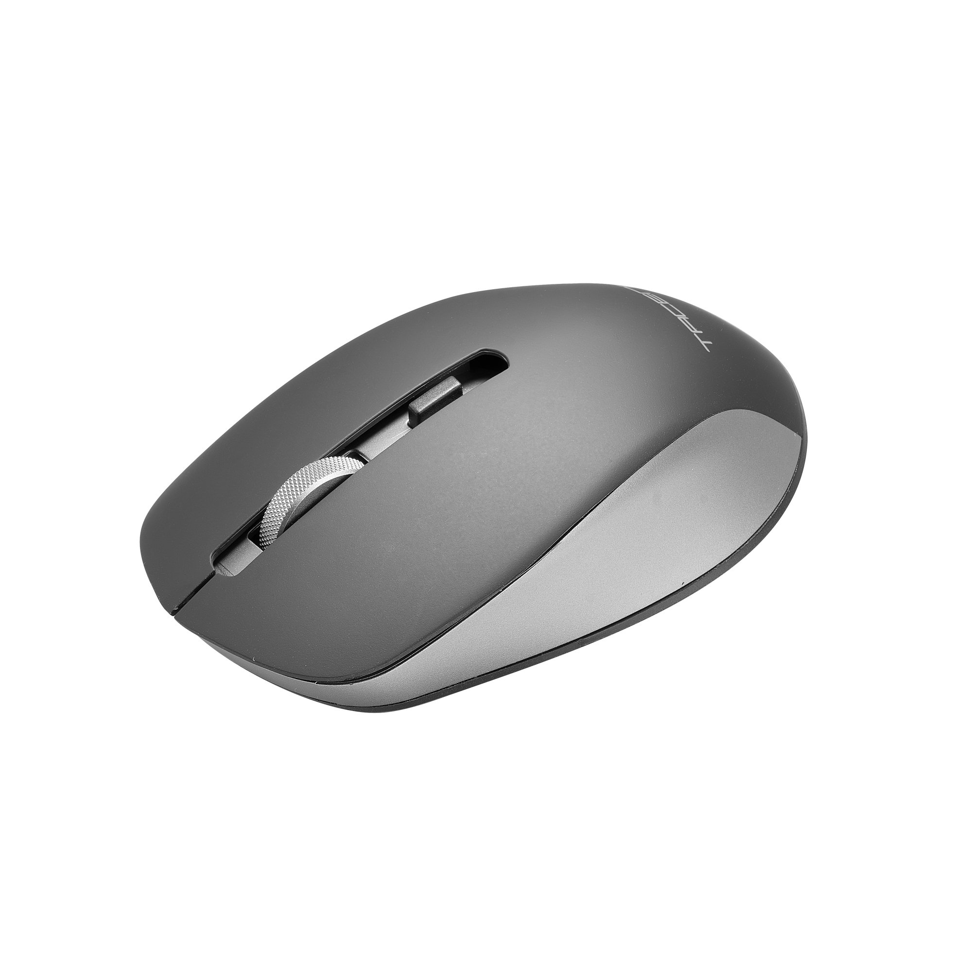 Un mouse per computer wireless grigio. La rotella e la parte superiore hanno un tono più scuro.