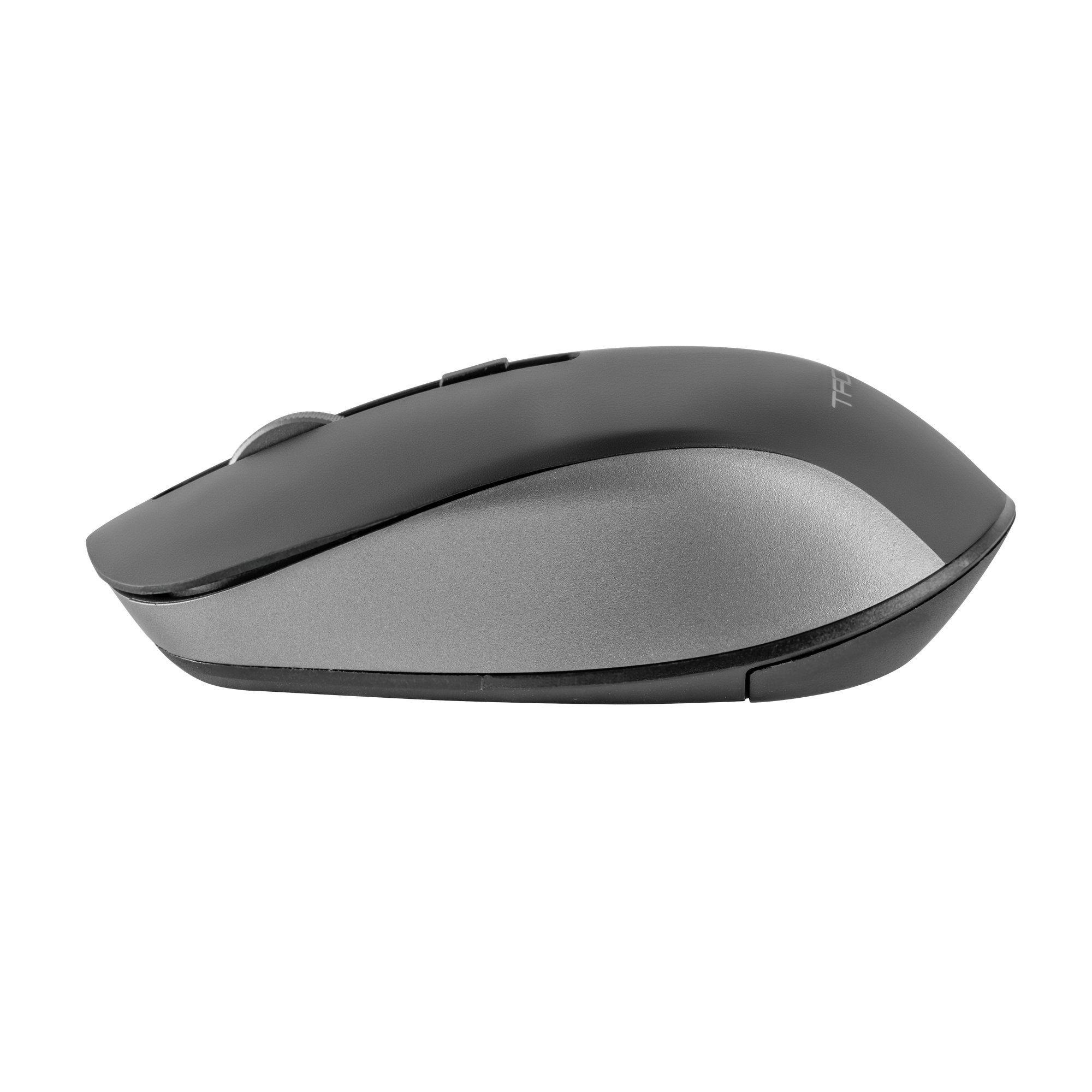 Un mouse per computer grigio e nero su sfondo bianco. Il mouse ha una rotella e due pulsanti.