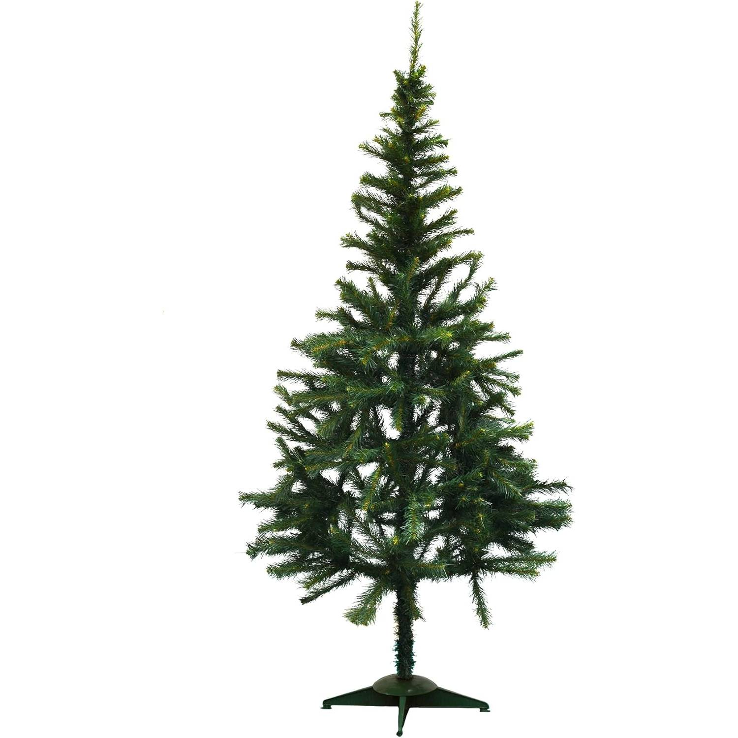Beyaz arka plan üzerinde yeşil yapay bir Noel ağacı duruyor. Yeşil bir tabanı var ve tamamen monte edilmiş. Dalları yoğundur.