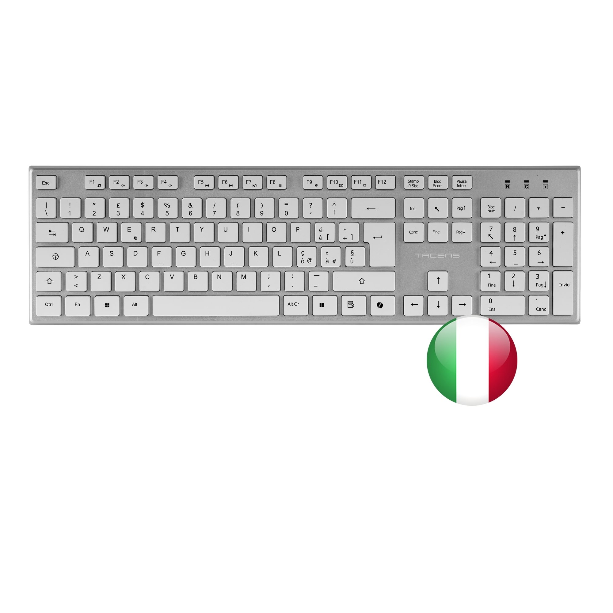 Un teclado blanco con teclas negras y el emblema de la bandera italiana.