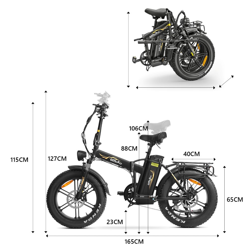 Bicicleta eléctrica negra con dimensiones etiquetadas. Bicicleta plegada arriba. Marca Emoko. Llantas Kenda. Se muestran varias medidas.