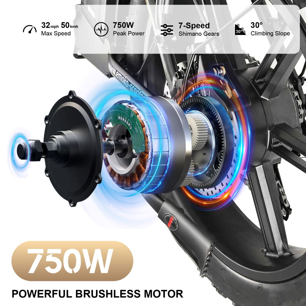 Detalle del motor de bicicleta eléctrica con especificaciones: 750W de potencia, 32 mph de velocidad máxima, 7 velocidades Shimano.