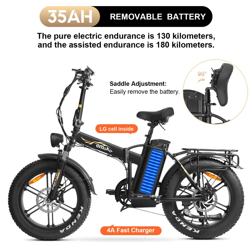 Bicicleta eléctrica negra con neumáticos grandes. Tiene batería extraíble y cargador rápido de 4A. El texto indica alcance.