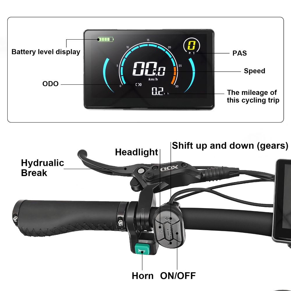 Manillar de bicicleta eléctrica con pantalla que muestra velocidad y nivel de batería. Controles: bocina, marchas y faro.