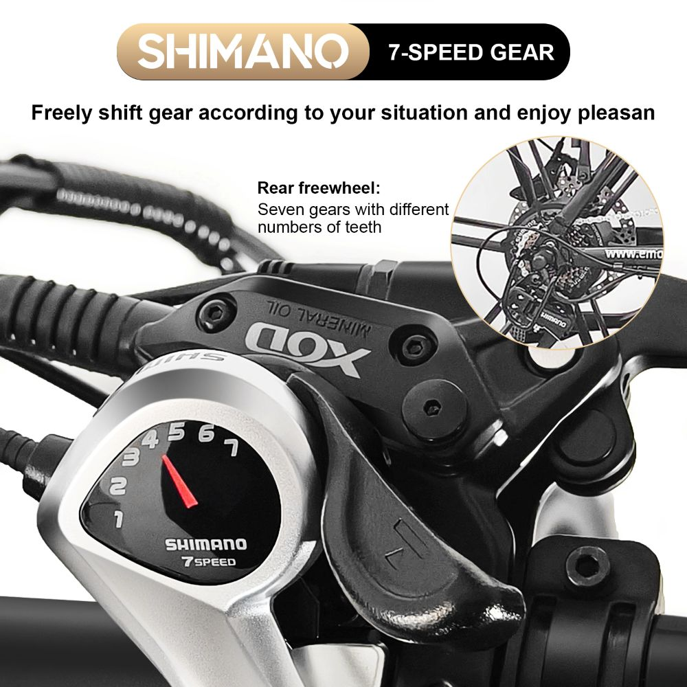Primer plano de un cambio de marchas de bicicleta con un indicador Shimano de 7 velocidades. Incluye un inserto del piñón libre trasero.