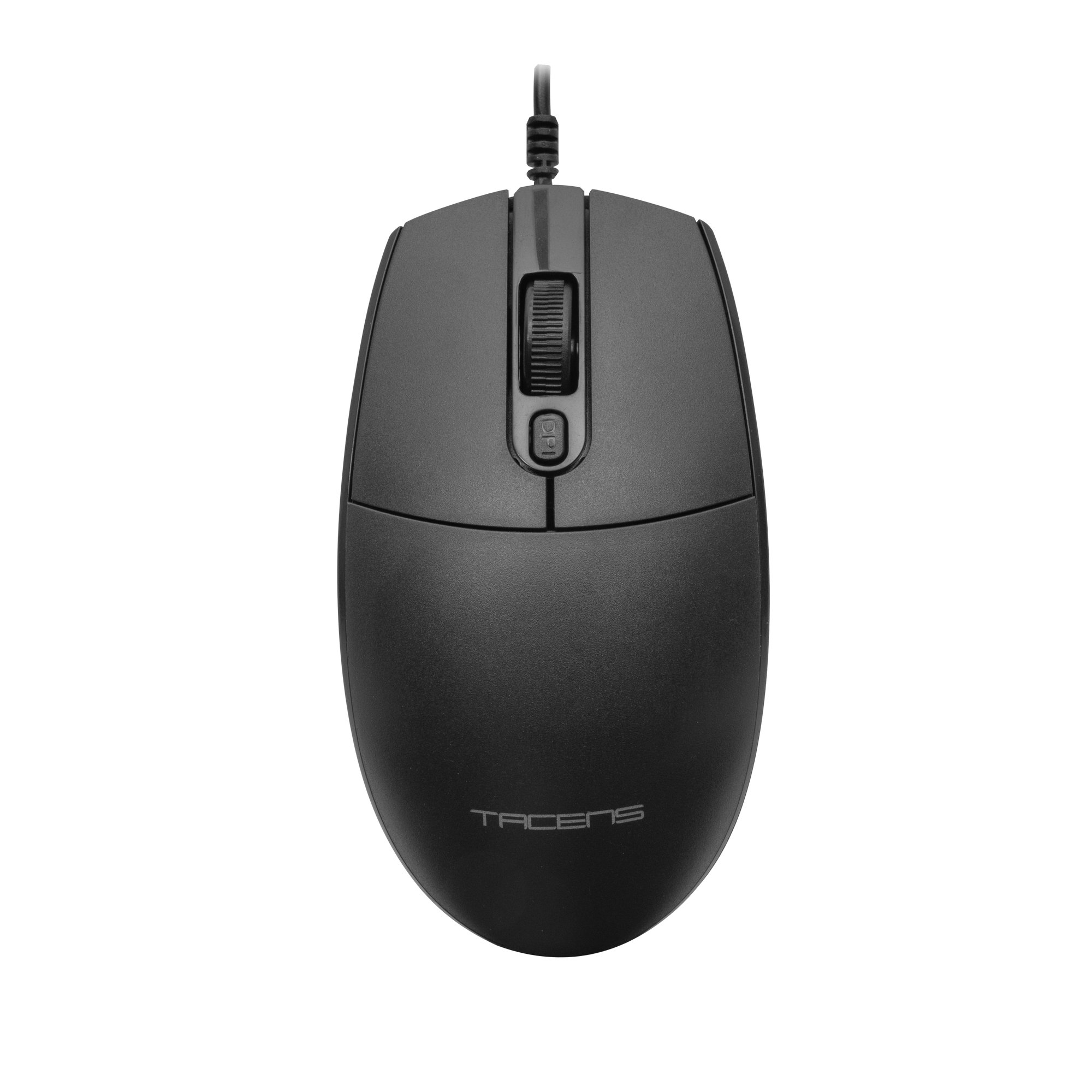 Un mouse per computer nero con una rotella di scorrimento e un cavo. Il marchio è 'Tacens'.