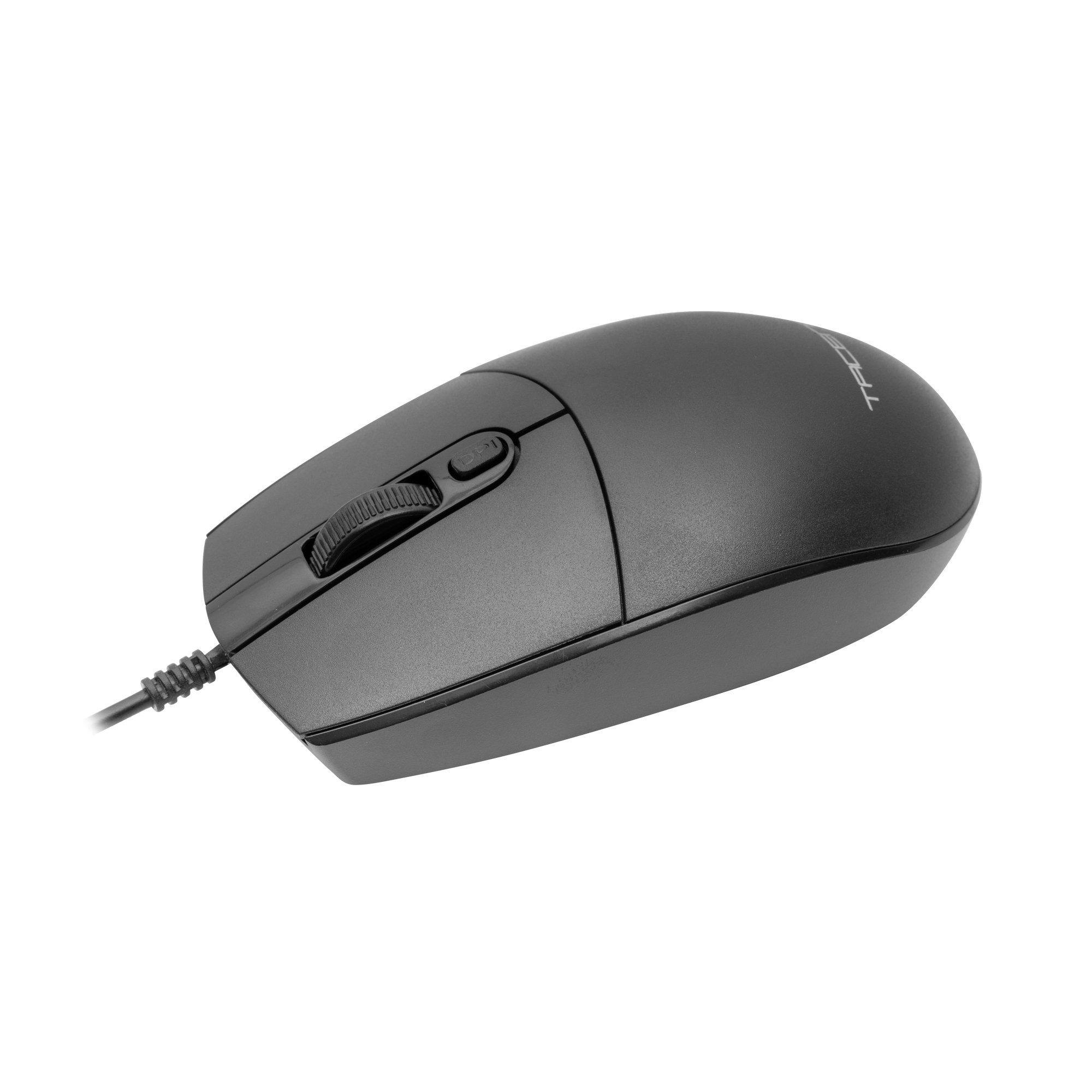 Mouse per computer nero con rotella e cavo, su sfondo bianco.