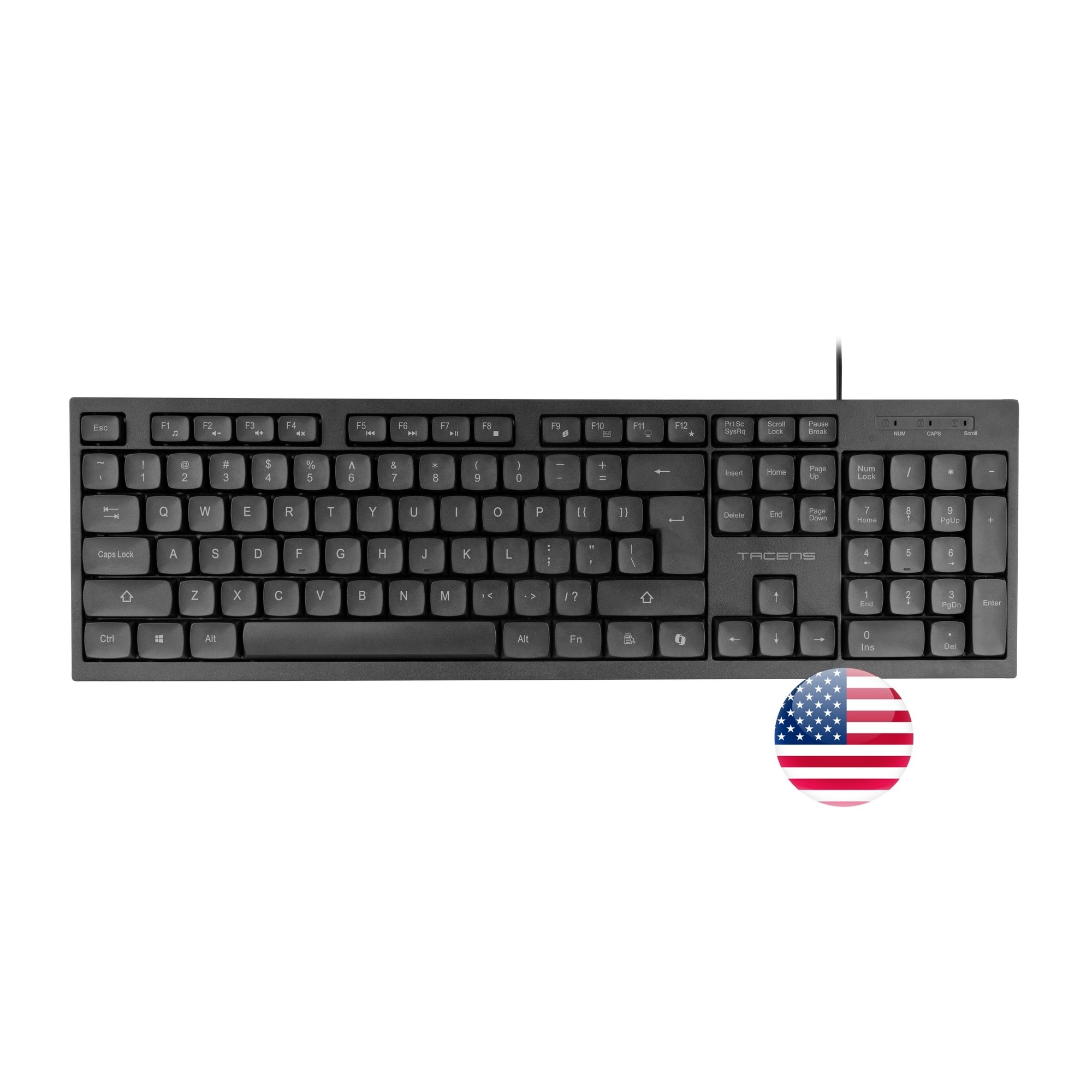 Un teclado de computadora negro con teclas blancas. Debajo del teclado hay una pegatina con la bandera estadounidense.