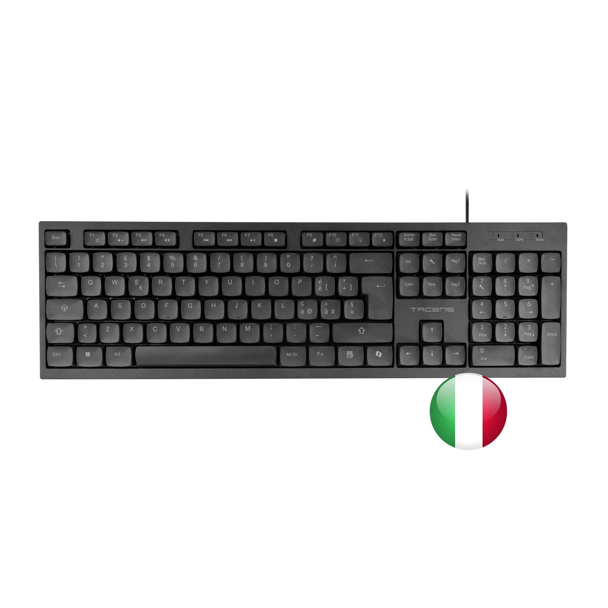 Tastiera per computer nera con lettere e numeri bianchi. Un distintivo della bandiera italiana è in basso a destra.
