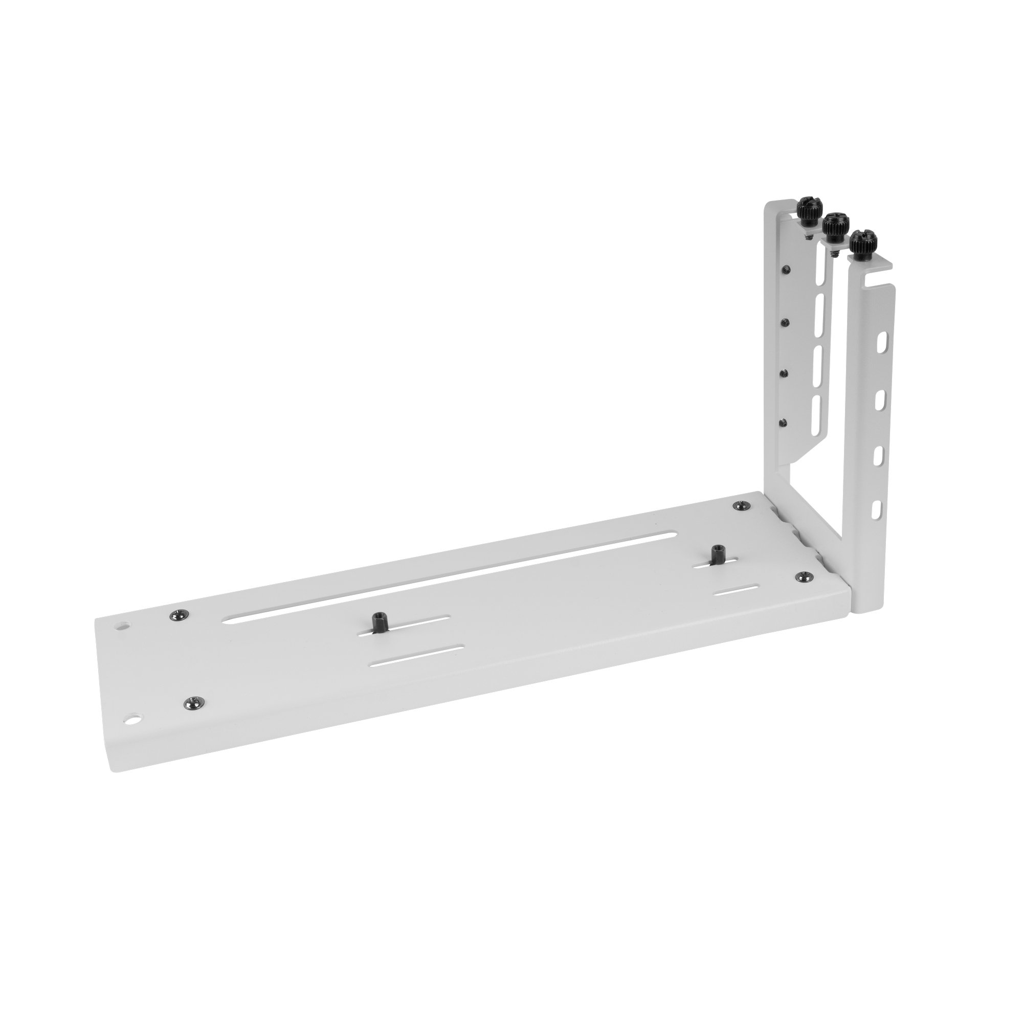 Un soporte metálico blanco con tornillos. Tiene forma de L y está sobre un fondo blanco.