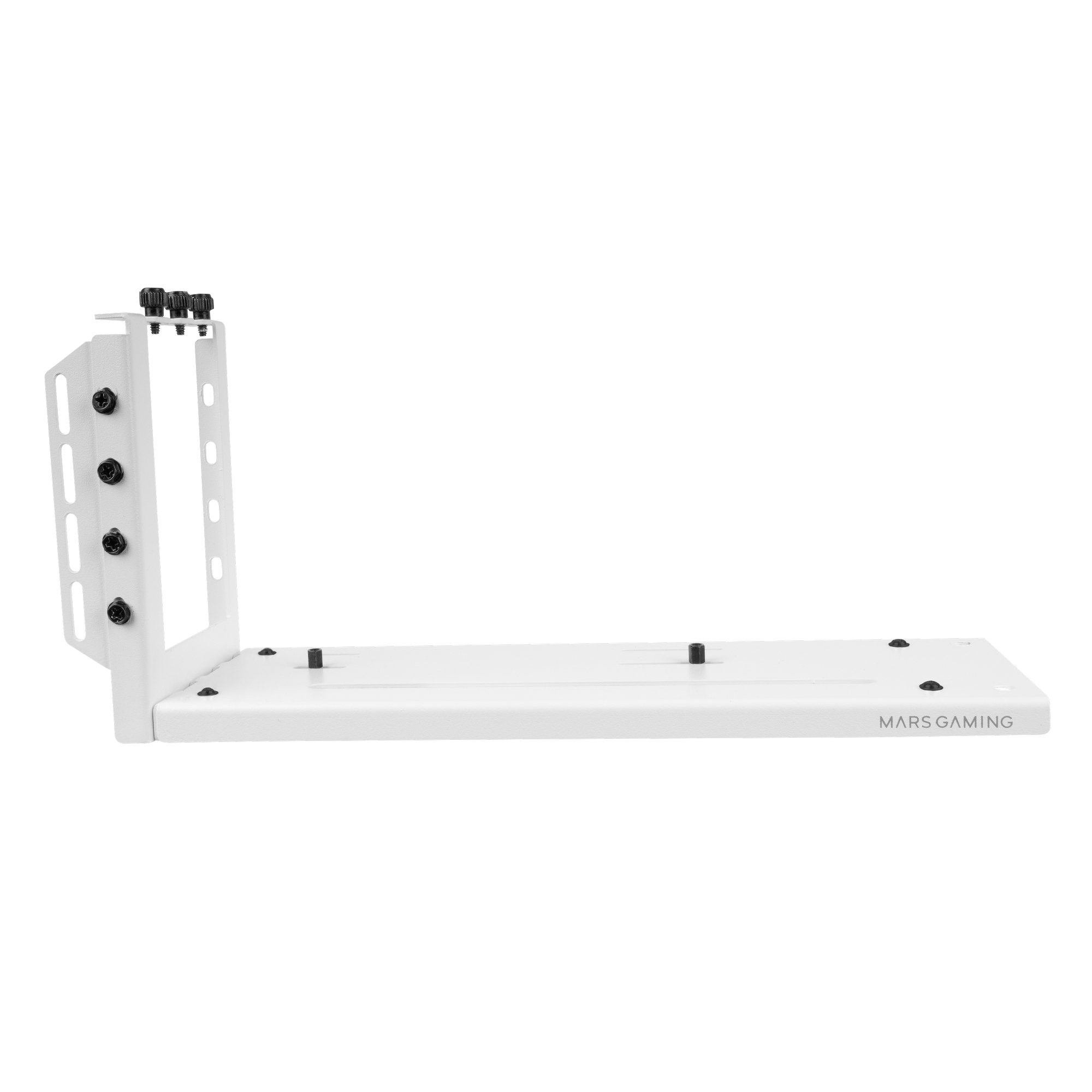 Componente metálico blanco con tornillos negros y logo Mars Gaming sobre fondo blanco.