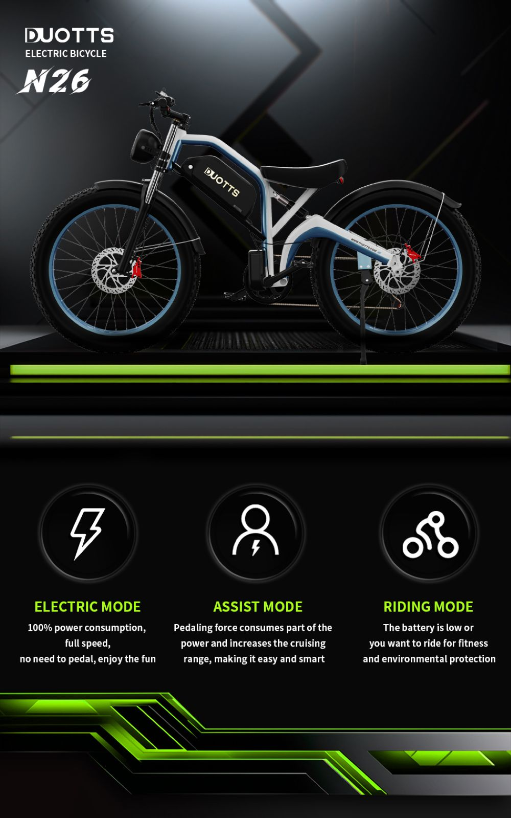 Se muestra una bicicleta eléctrica DUOTTS N26. Tiene neumáticos negros con llantas azules y tres modos de conducción: Eléctrico, Asistido y Conducción.