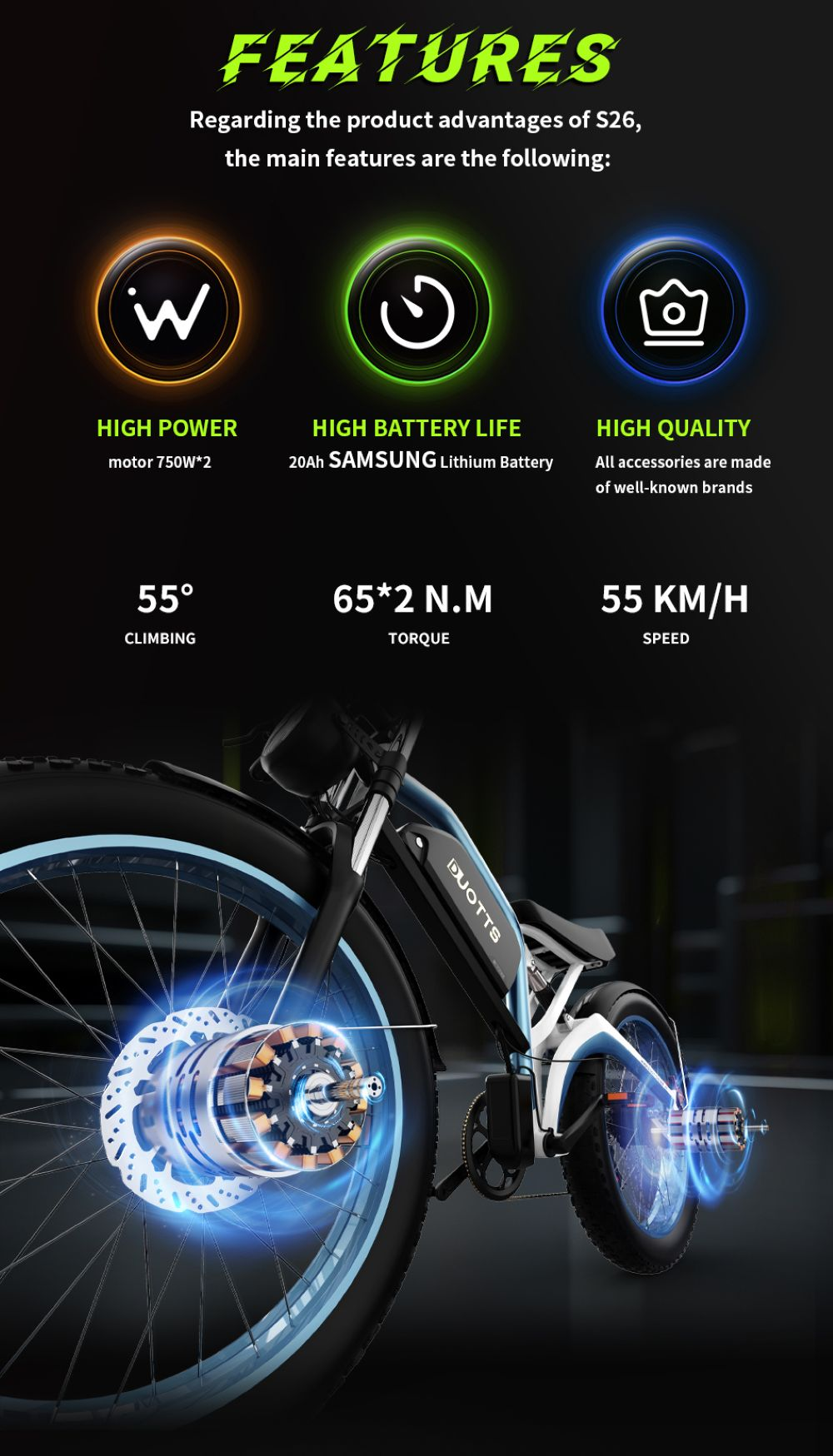 Una bicicleta eléctrica con características. Destaca la alta potencia, la duración de la batería y la calidad. Las especificaciones incluyen escalada, par y velocidad.