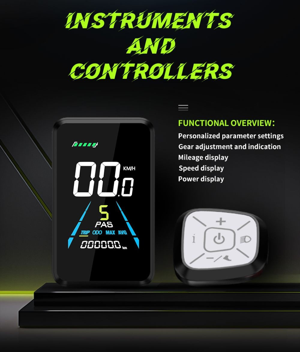 Un panel de instrumentos de bicicleta muestra 00,0 km/h, 5 y otros datos. Se muestra un controlador con botones al lado.