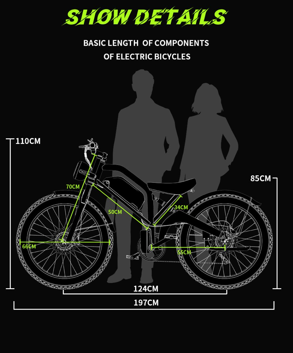 Diagrama que muestra las dimensiones de una bicicleta eléctrica, incluyendo altura, longitud y tamaños de componentes, con dos figuras silueteadas.