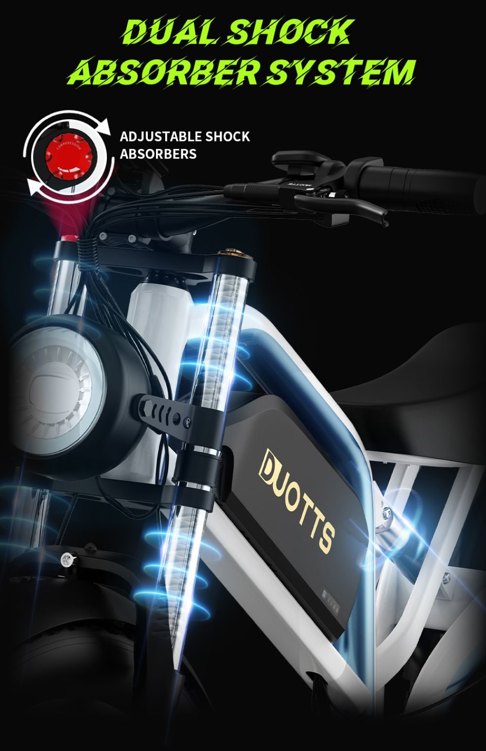 Un scooter eléctrico con el nombre DUOTTS, que muestra amortiguadores y el sistema Dual Shock Absorber.