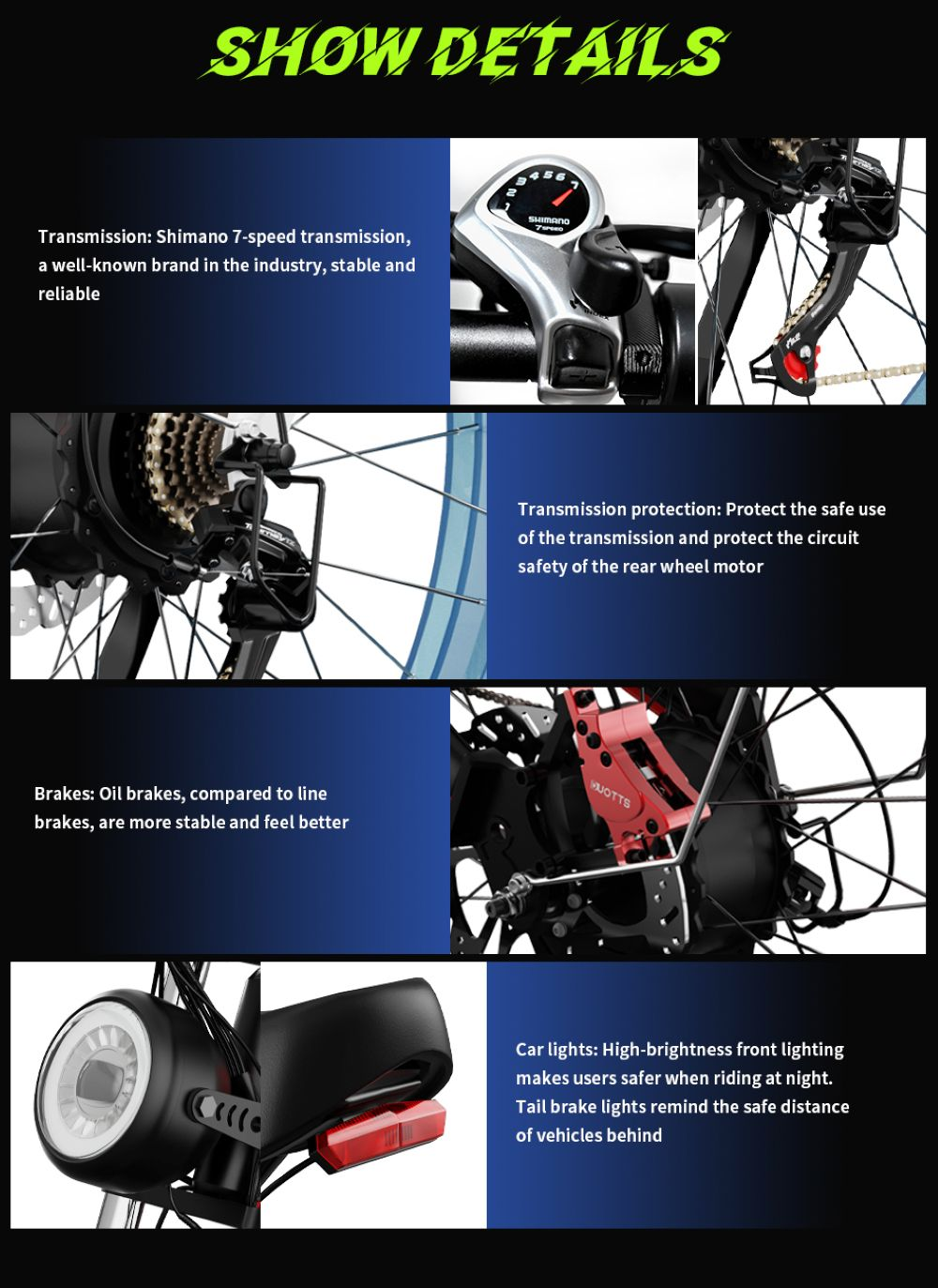 Imagen muestra detalles de la bicicleta: transmisión Shimano, frenos y luces. Texto destaca seguridad y componentes.