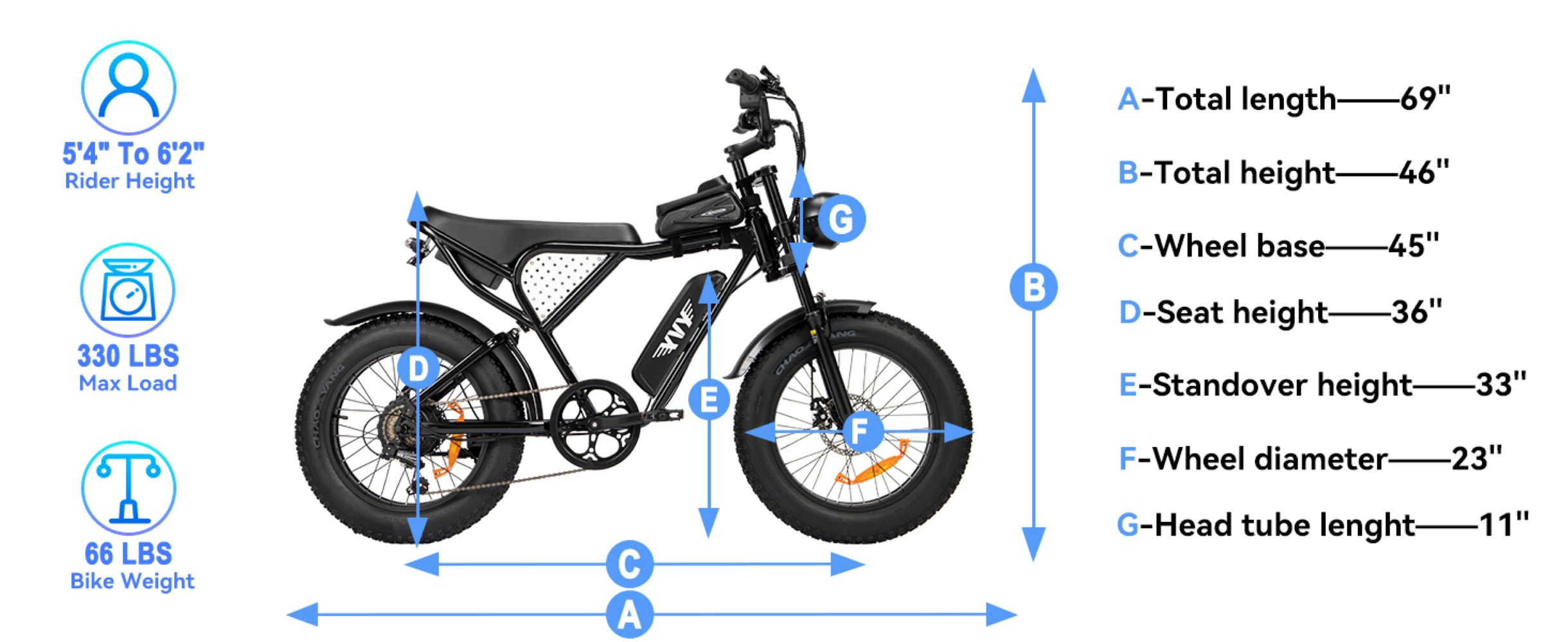 Bicicleta eléctrica negra con etiquetas de medidas. Incluye detalles de altura del ciclista, carga máxima y peso de la bicicleta. También se muestran dimensiones.