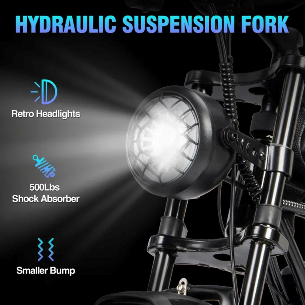 Primer plano de un faro de bicicleta con luz brillante, la frase 'Hydraulic Suspension Fork' e iconos de características.
