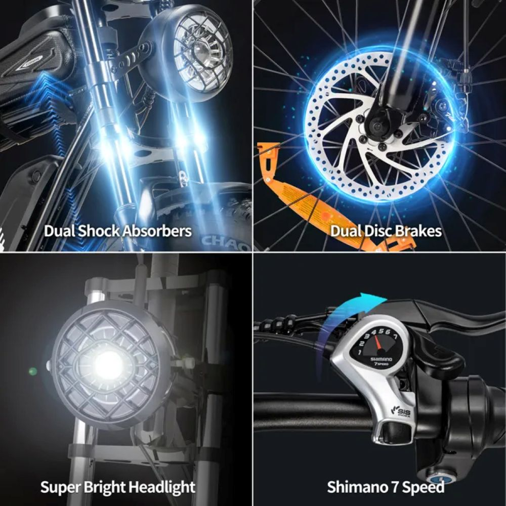 La imagen muestra componentes de bicicleta: amortiguadores dobles, frenos de disco, faro brillante y cambio Shimano de 7 velocidades. La bicicleta es oscura.