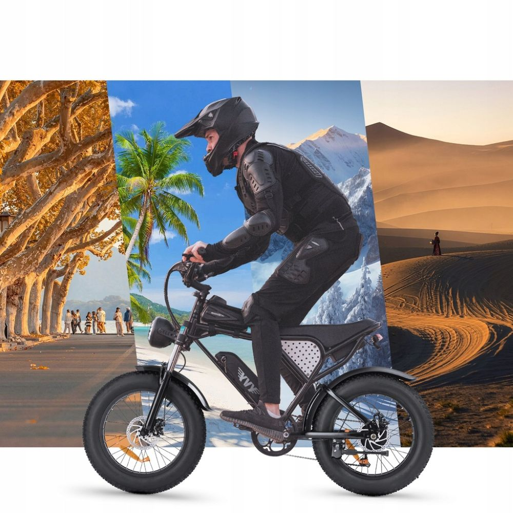Una persona con equipo de seguridad monta una bicicleta eléctrica negra. Escenas de fondo: una carretera, palmeras, montañas nevadas y dunas del desierto.