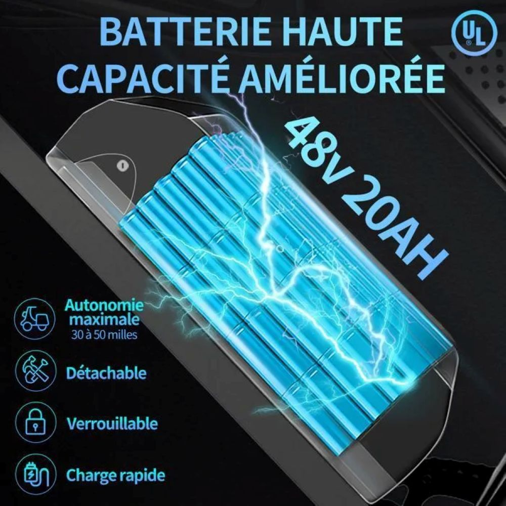 La imagen muestra una batería con texto: Batería alta, capacidad mejorada, 48V 20AH. Incluye extraíble y carga rápida.