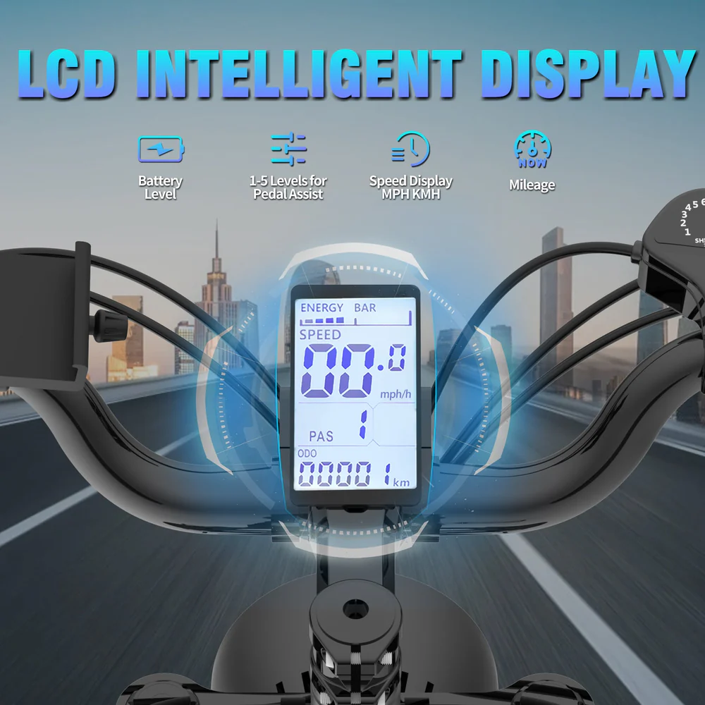 Una pantalla de bicicleta eléctrica muestra la velocidad como 00.0 mph, PAS 1 y 00001 km. También muestra el nivel de batería, asistencia de pedaleo y kilometraje.