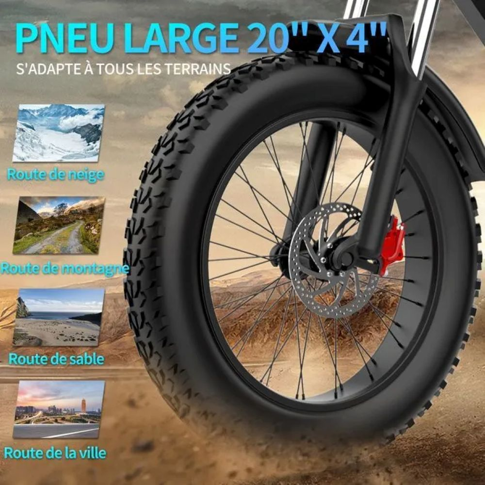 Primer plano de un neumático de bicicleta. El neumático es negro con una banda de rodadura gruesa. En el fondo hay pequeñas imágenes que muestran diferentes terrenos.