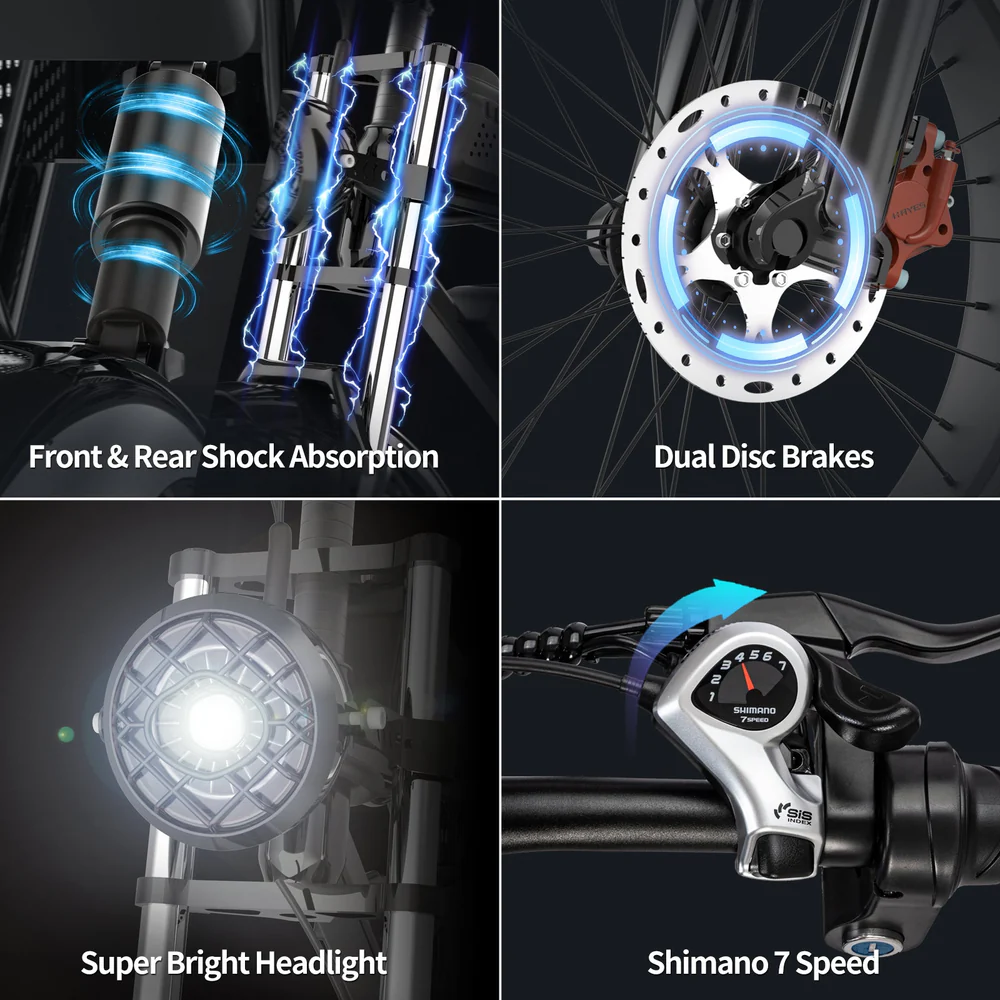 La imagen muestra partes de la bicicleta: absorción de impactos, frenos de disco duales, faro brillante y cambio Shimano de 7 velocidades.