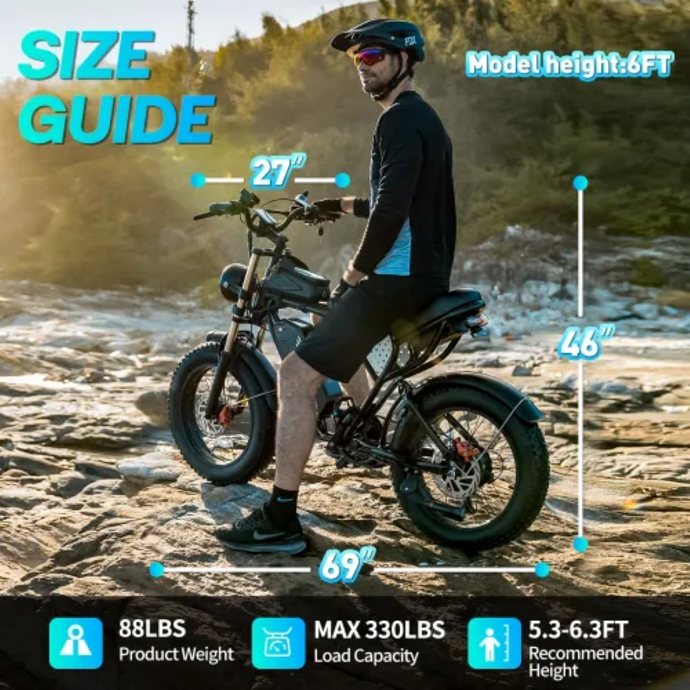 Un hombre en una bicicleta eléctrica negra. La imagen muestra información de la guía de tallas, incluyendo dimensiones y detalles de peso. La altura del modelo es 6 pies.