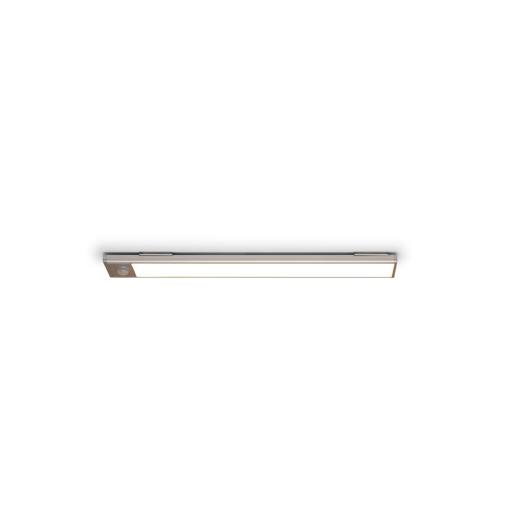 A rectangular, silver LED light fixture with a motion sensor is centered against a white background.
