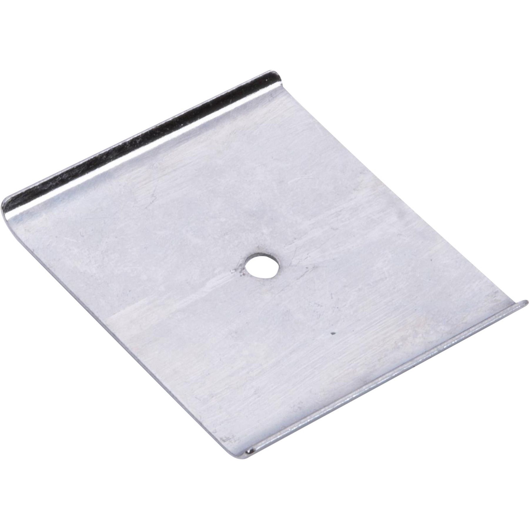 A metal tool with a square shape, slightly bent edges, and a hole in the middle, isolated on white background.