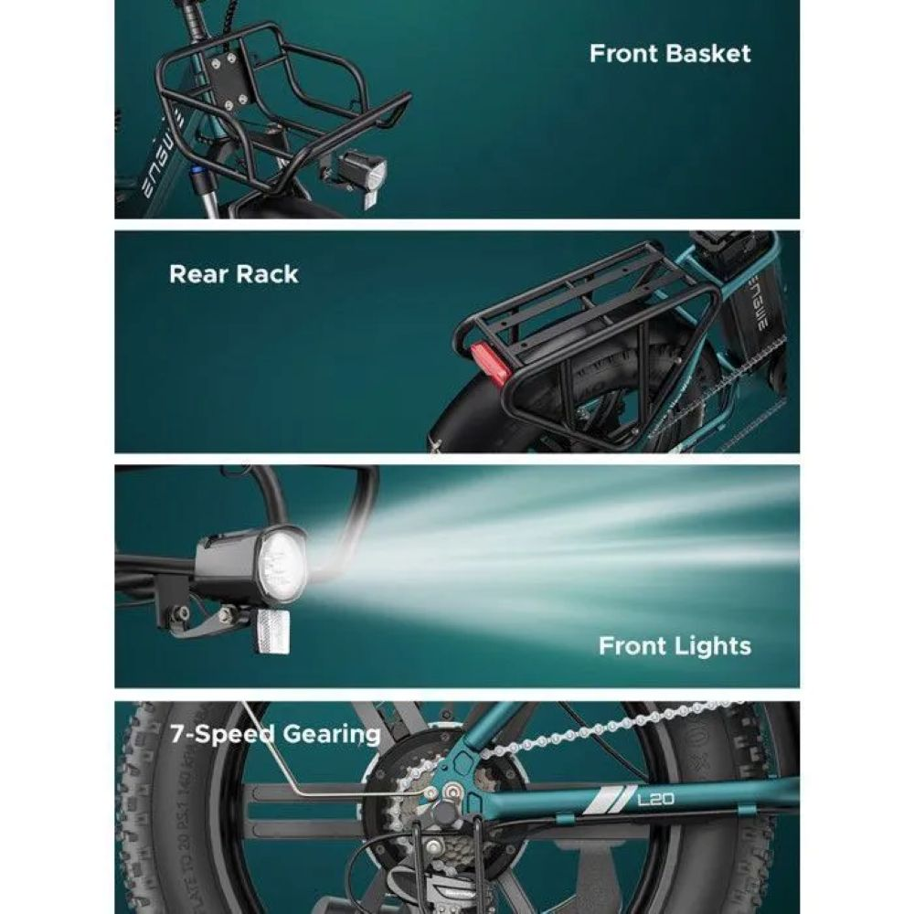Secciones de una e-bike: cesta delantera, portaequipajes, luces delanteras y cambio de 7 velocidades. La bici es turquesa y negra.