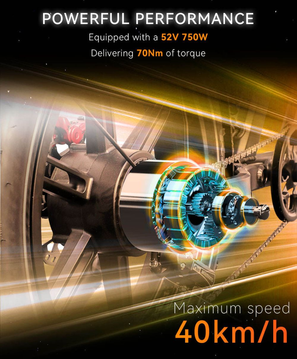 La imagen muestra un motor de bicicleta eléctrica con texto resaltando su potencia y velocidad. Características: 52V 750W, 70Nm de par y 40km/h de velocidad máxima.