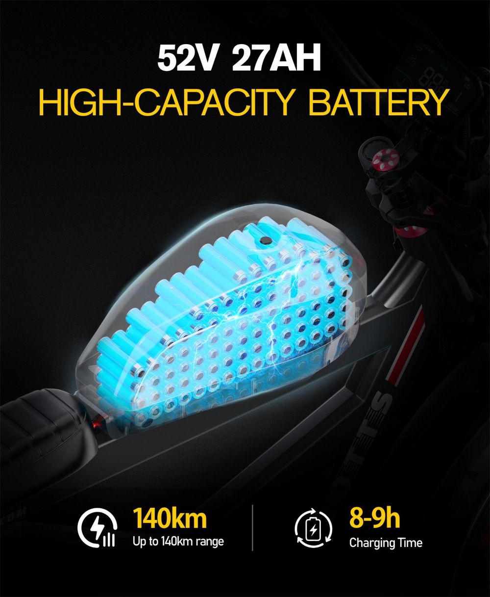 La imagen muestra una batería de bicicleta eléctrica, con especificaciones: 52V 27AH, alta capacidad, 140 km de autonomía y tiempo de carga 8-9h.