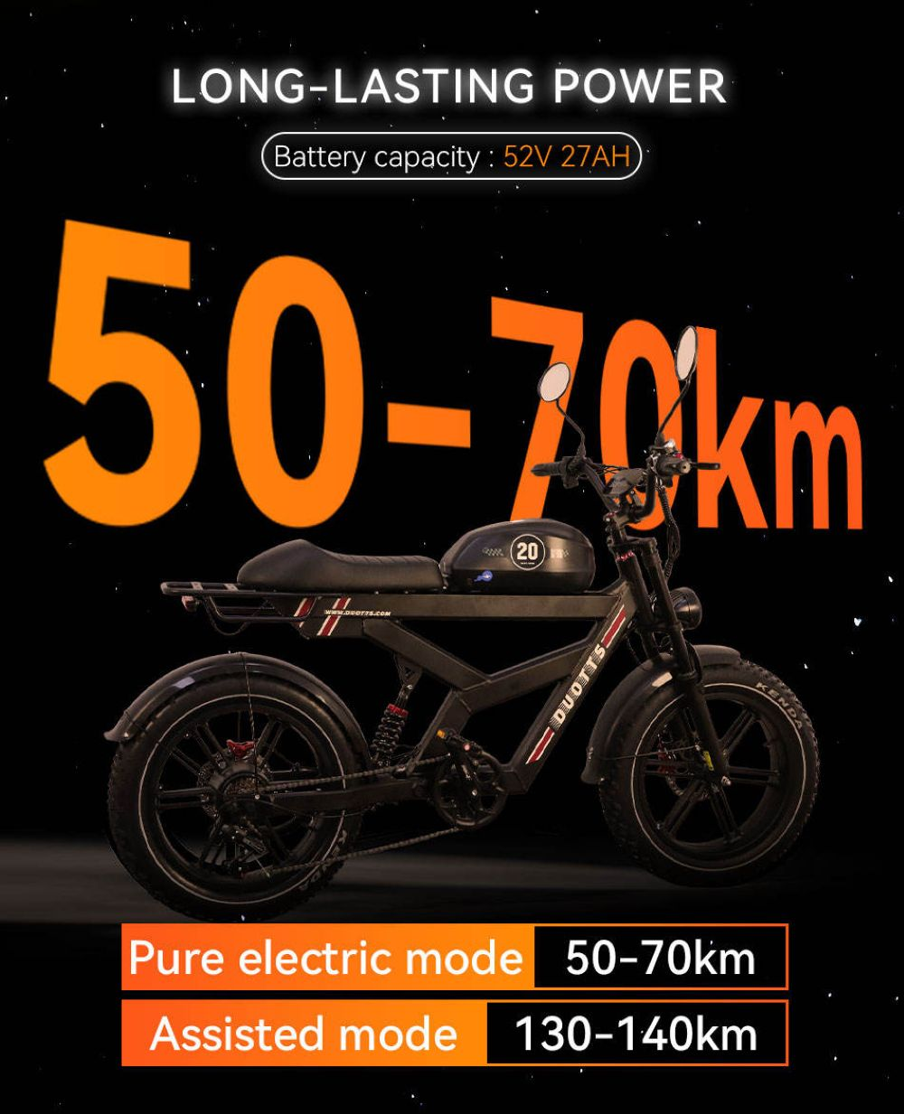 Una motocicleta eléctrica con el texto '50-70km' y '130-140km'. También tiene el texto 'LONG-LASTING POWER' y 'DUOTTS'.