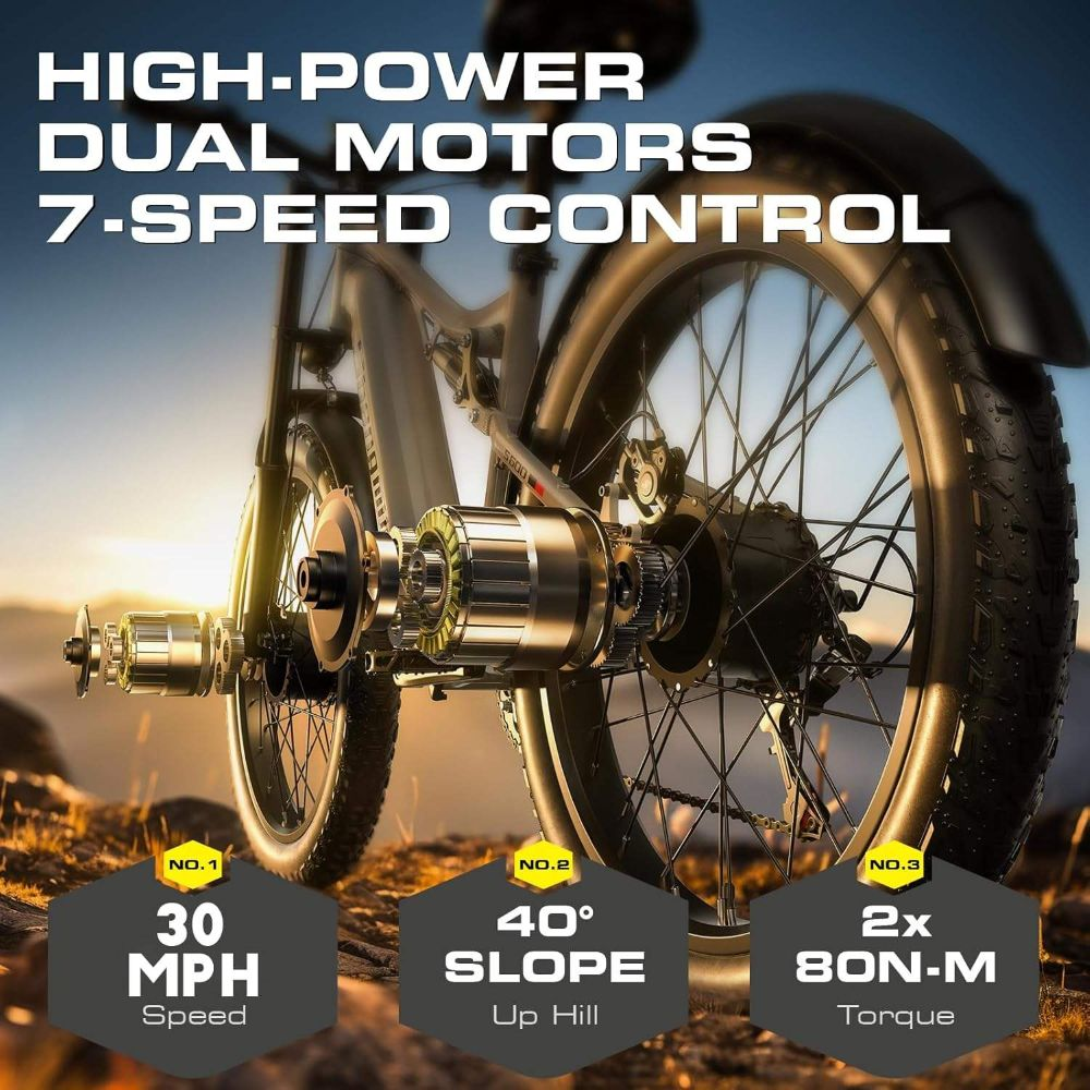 Una bicicleta eléctrica que muestra su motor y rueda. El texto destaca la velocidad, la pendiente y el par. El fondo está borroso.