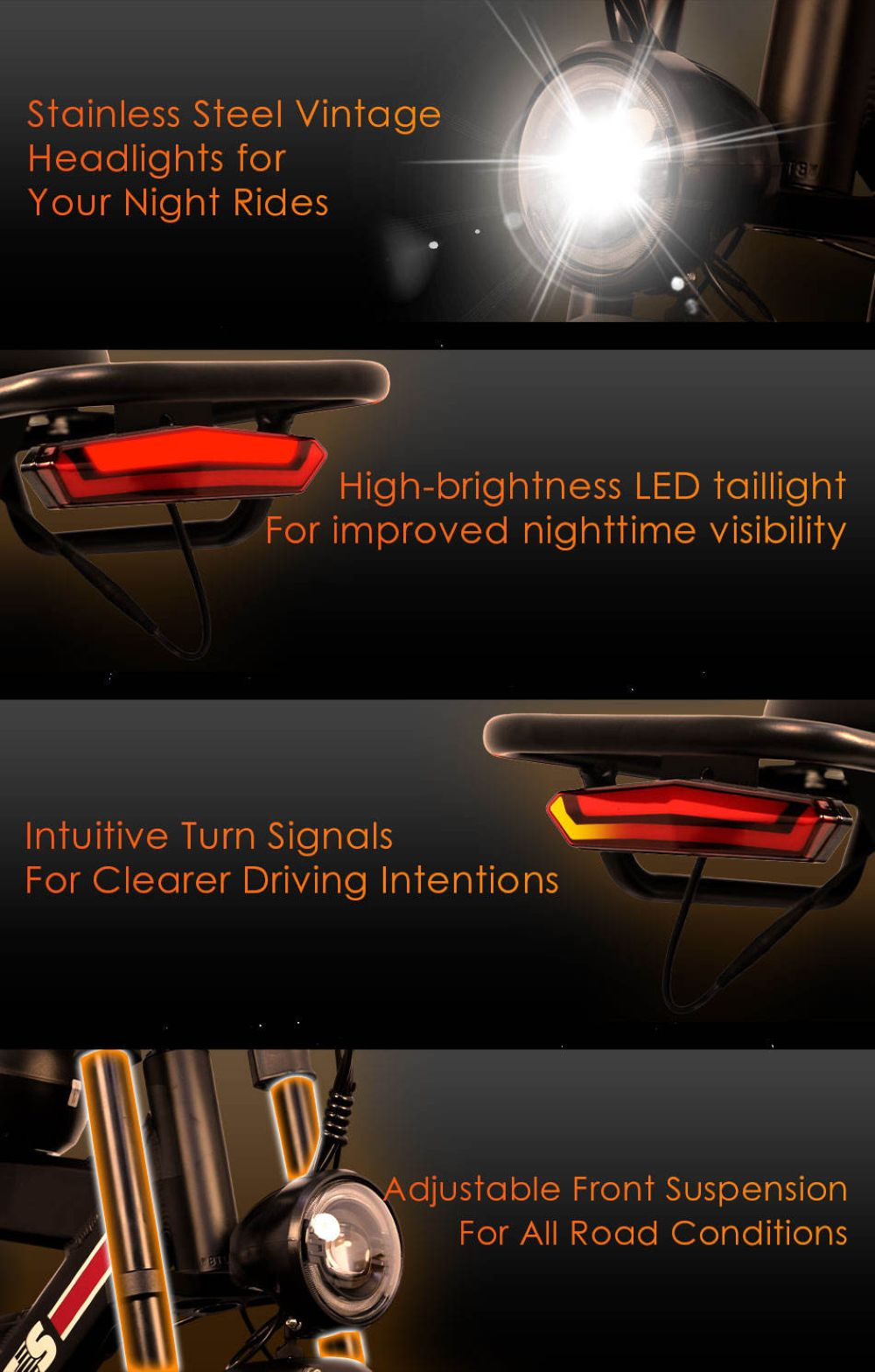 La imagen muestra luces de bicicleta: faros vintage, luz trasera LED, intermitentes y suspensión delantera ajustable. Todo con fondo negro.