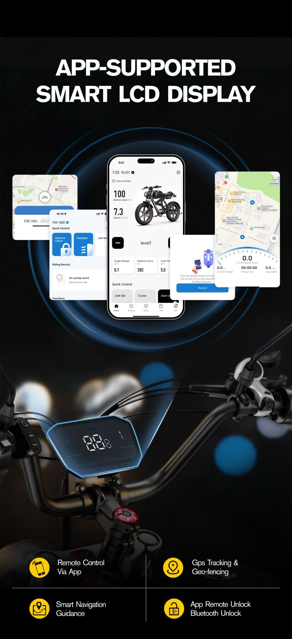 La imagen muestra una pantalla LCD con funciones de la aplicación, un manillar de bicicleta y capturas de pantalla de la velocidad y la batería.