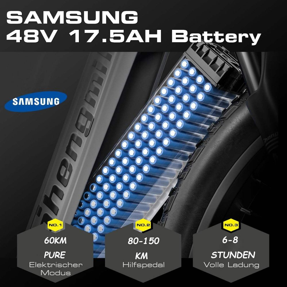 La imagen muestra una batería Samsung. Los detalles incluyen 48V 17.5AH, 60KM, 80-150KM y 6-8 horas de carga.