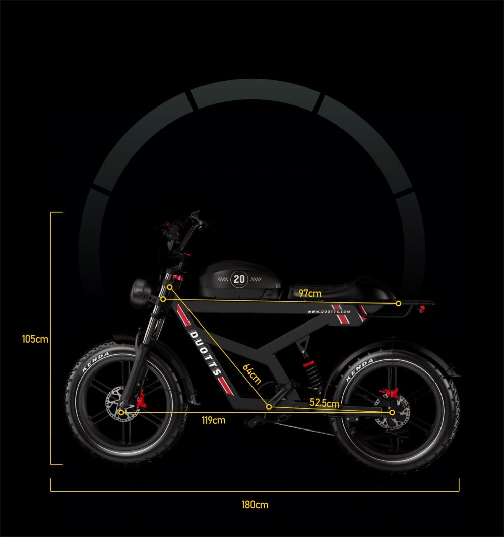 Bicicleta eléctrica DUOTTS negra con dimensiones. Tiene cuadro negro, detalles rojos y neumáticos Kenda. Medidas en cm.