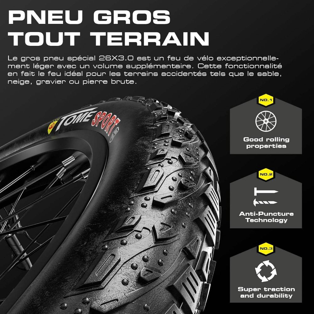Primer plano de un neumático de bicicleta. Texto: 'PNEU GROS TOUT TERRAIN'. Características: buen rodamiento, antipinchazos y súper tracción.